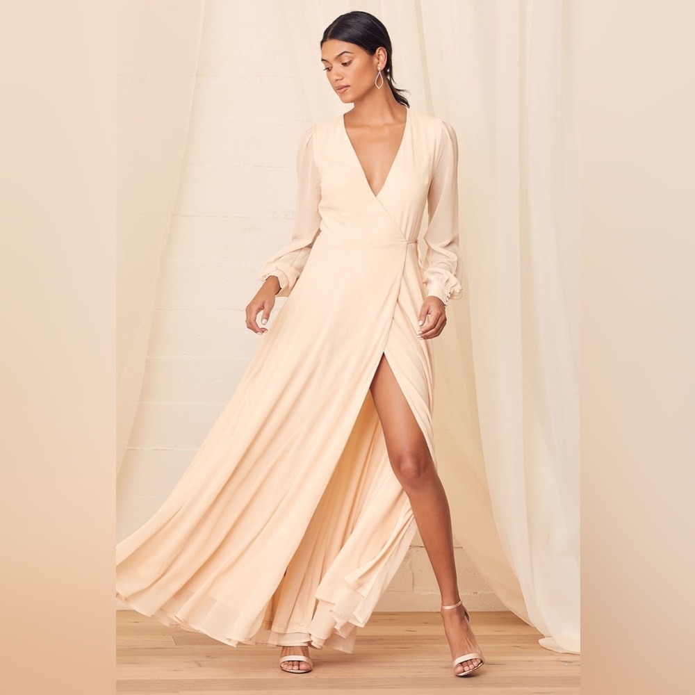 Lulus “My Whole Heart” Cream Long Sleeve Wrap Maxi Dress